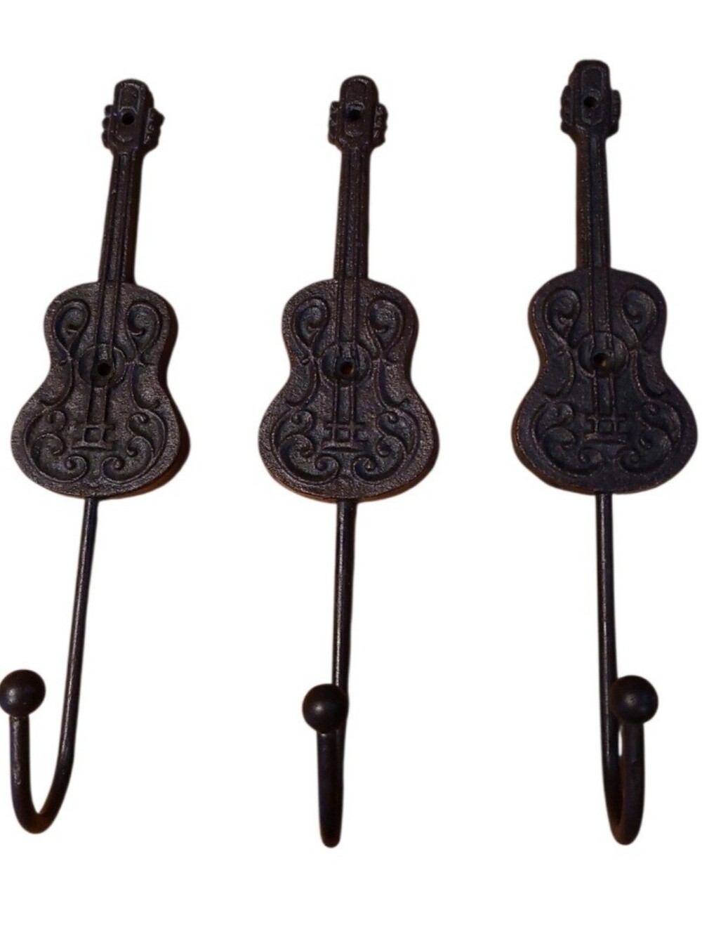 Set of 3 Cast Iron Guitar Shaped Wall Hooks. NWOT